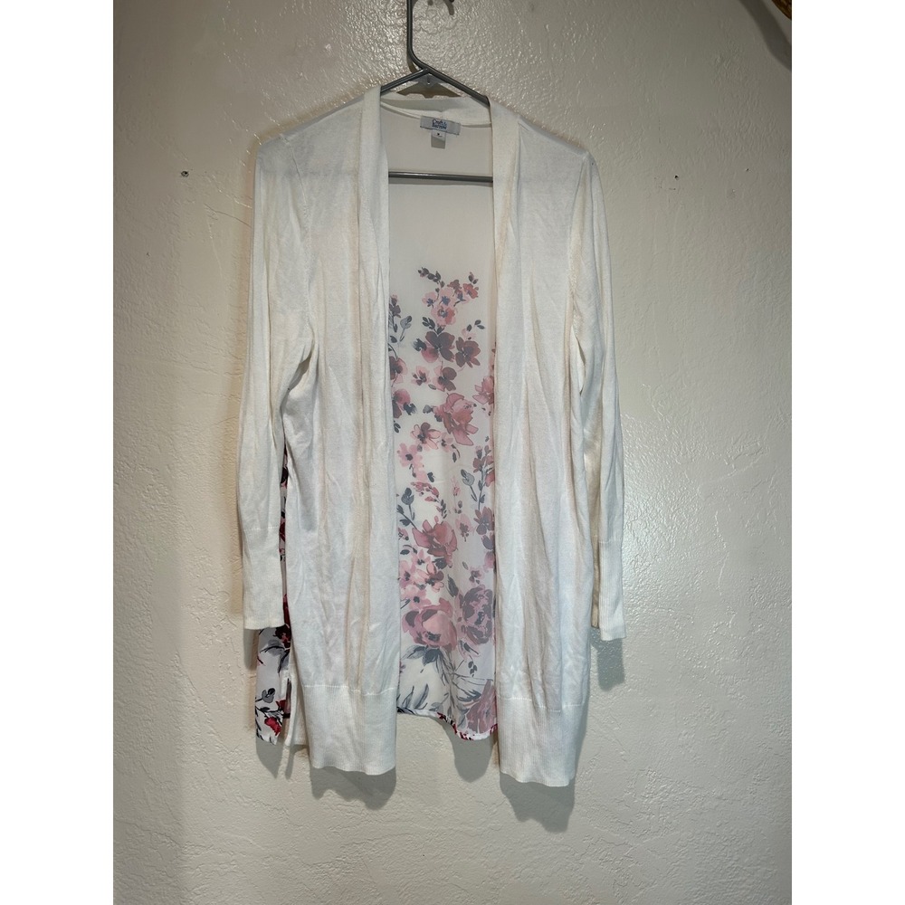 Croft & Barrow Womens White Floral Mixed Media Open Front Cardigan Sweater M
